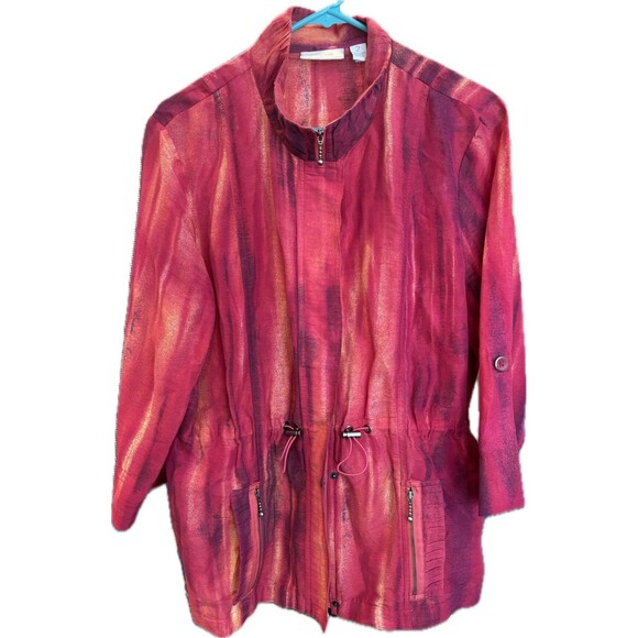 Chico’s Size 2 Ombré Jacket Tie Dye Drawstring Waist Full Zip Snap Jacket Linen - Picture 1 of 11
